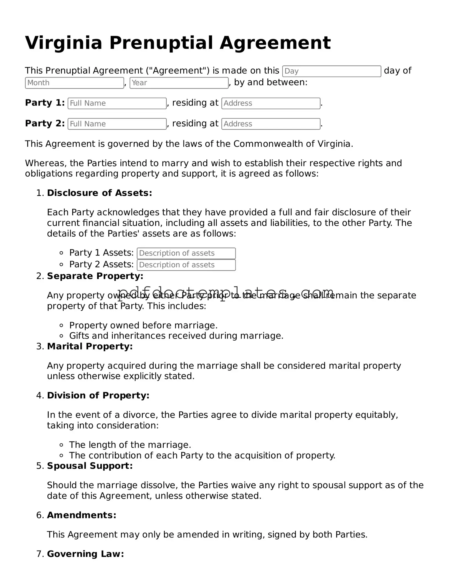 Blank  Prenuptial Agreement Document for Virginia