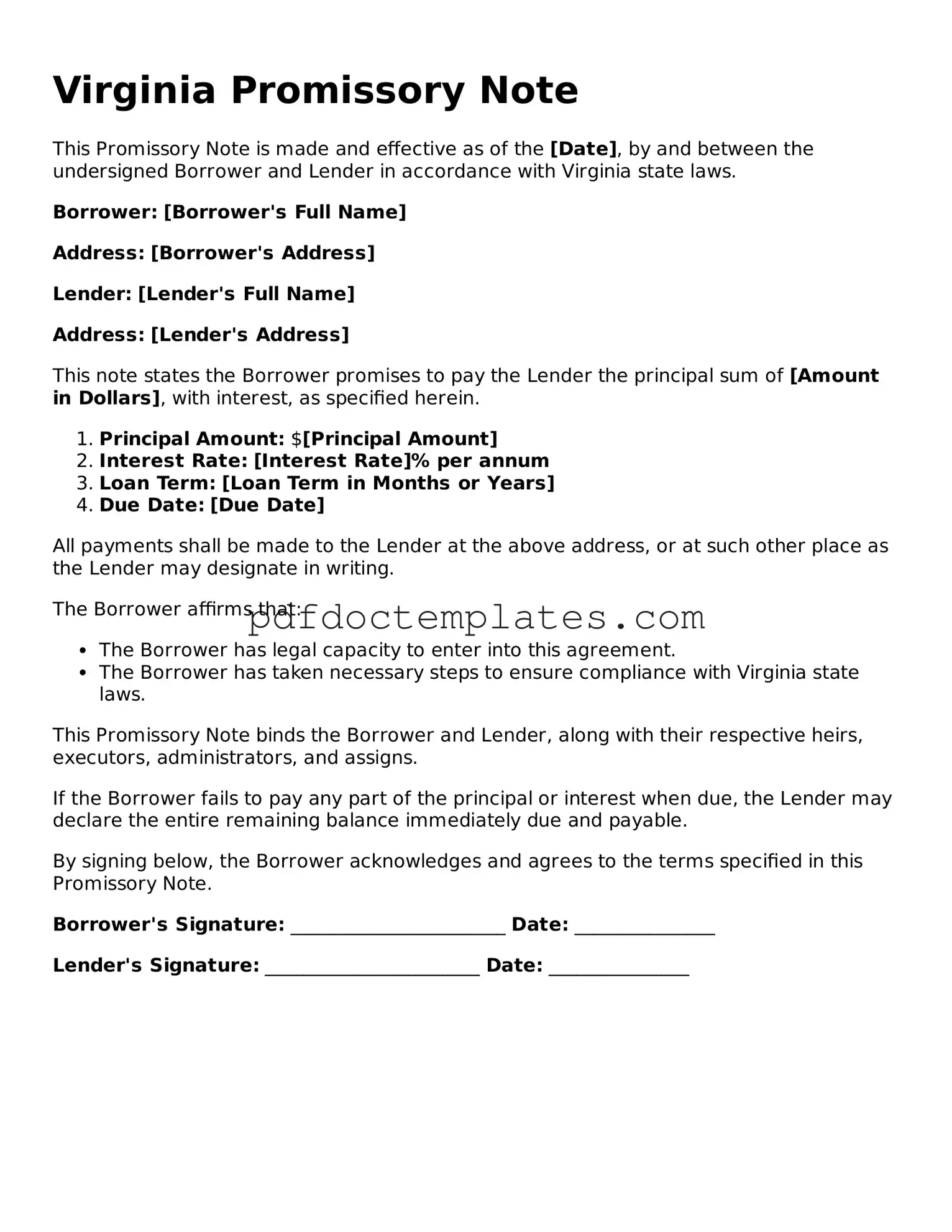 Blank  Promissory Note Document for Virginia