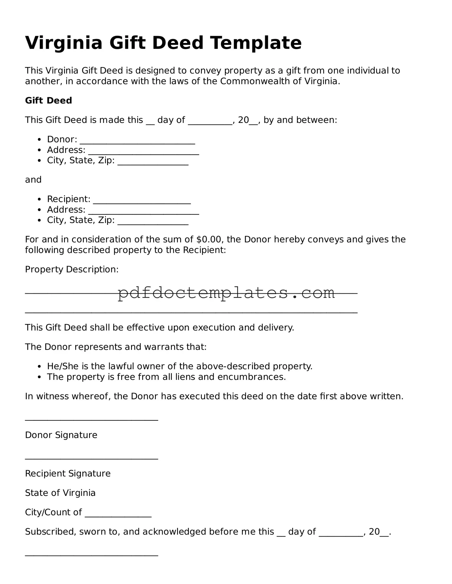 Blank  Gift Deed Document for Virginia