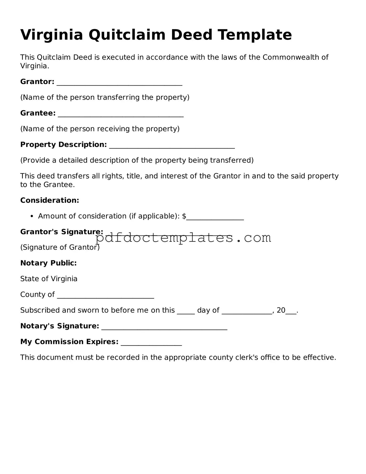 Blank  Quitclaim Deed Document for Virginia