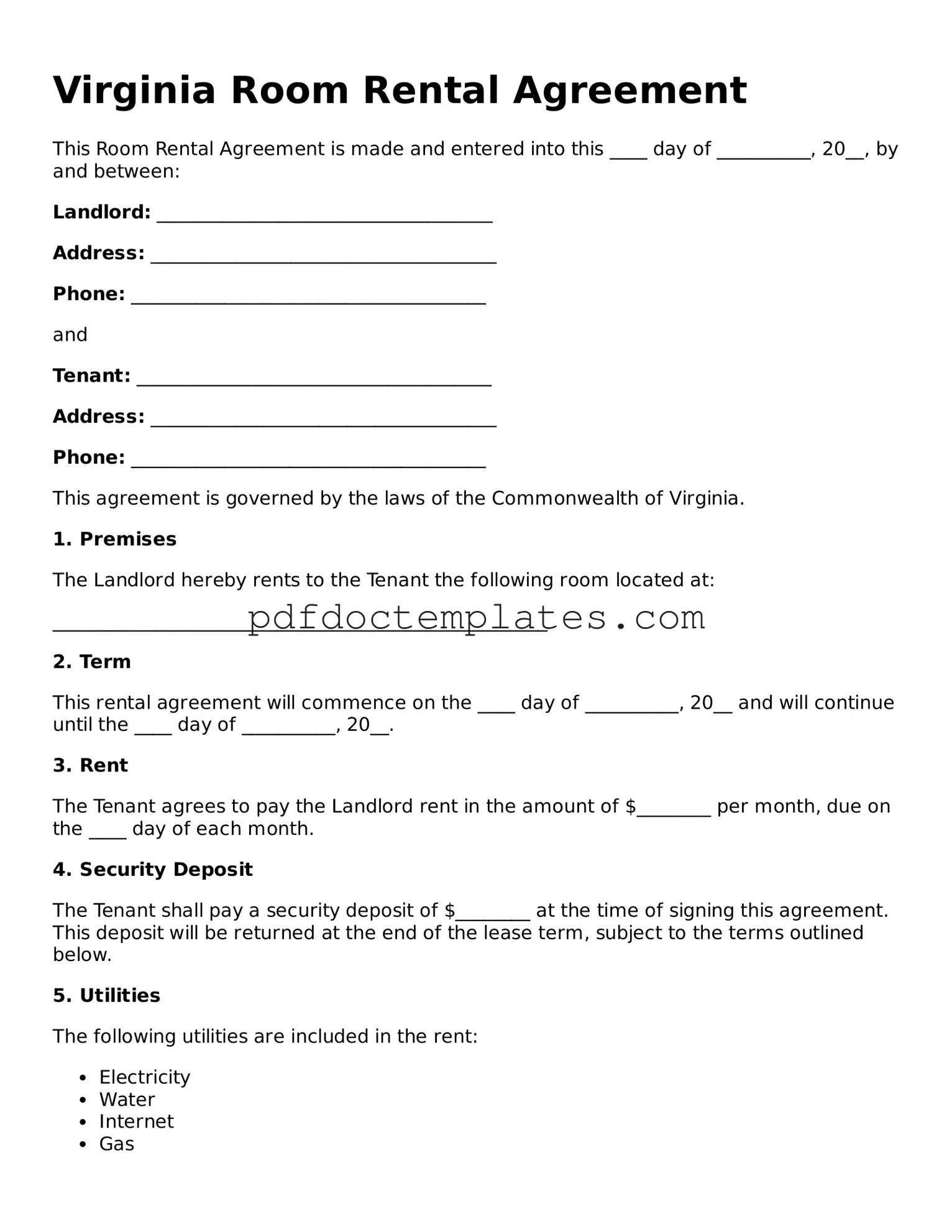 Blank  Room Rental Agreement Document for Virginia