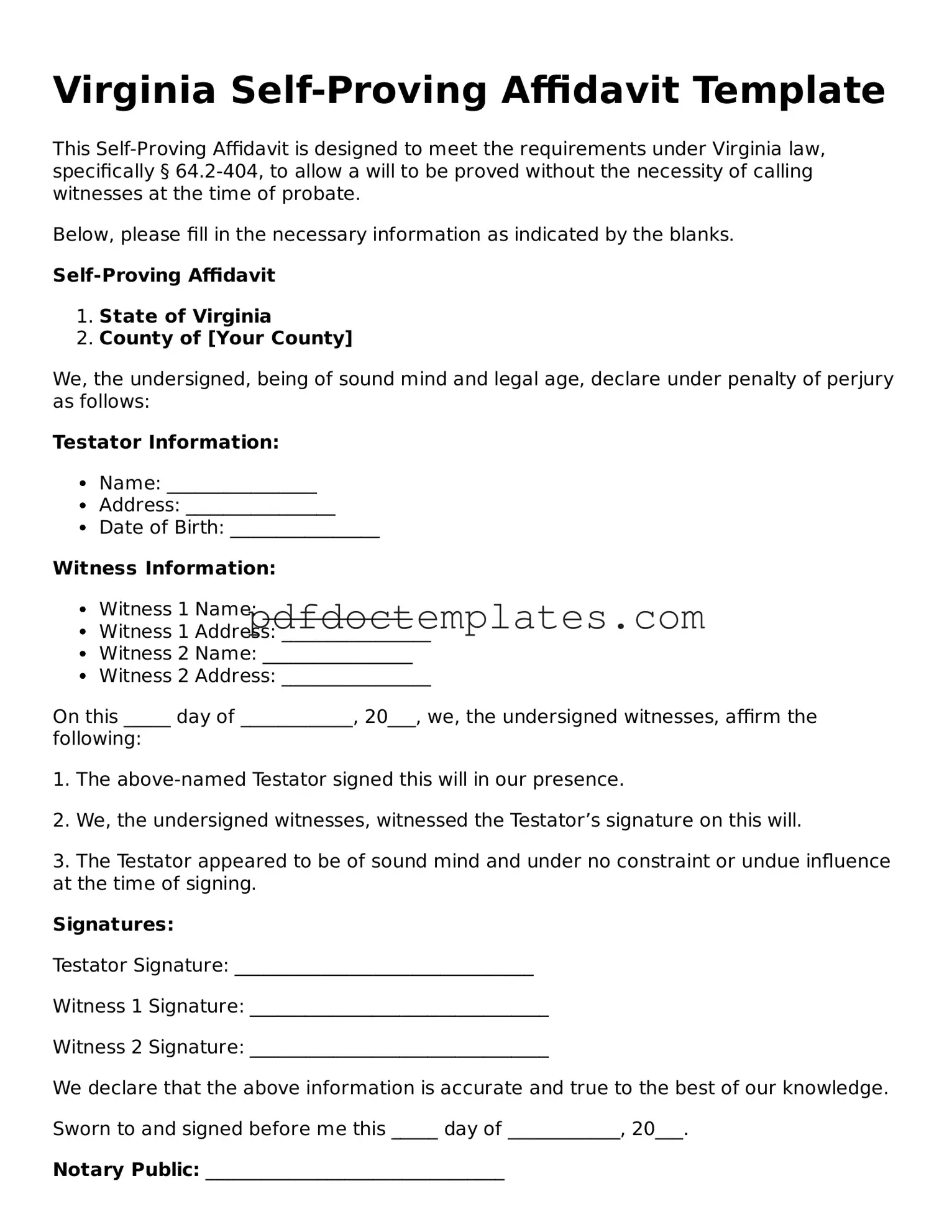 Blank  Self-Proving Affidavit Document for Virginia