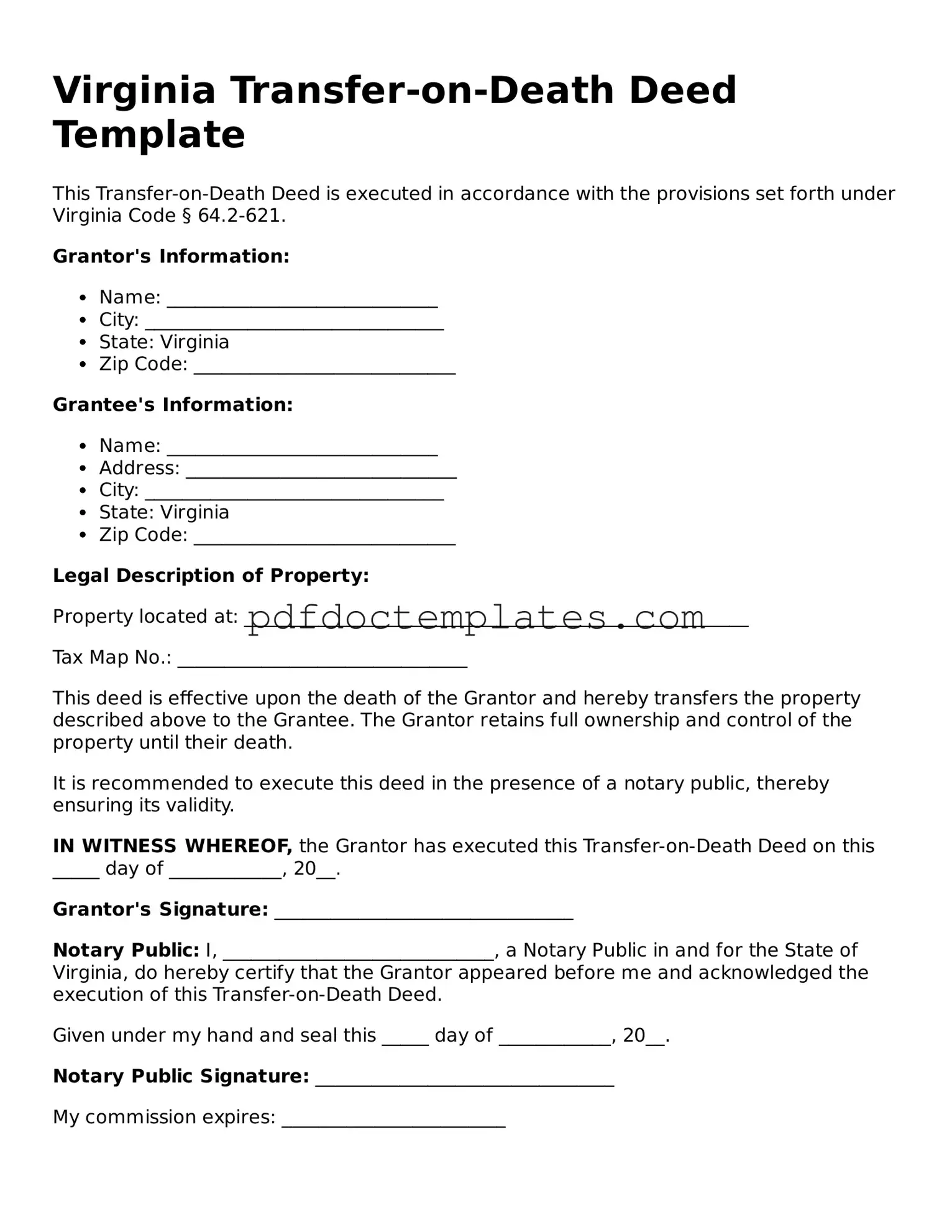 Blank  Transfer-on-Death Deed Document for Virginia