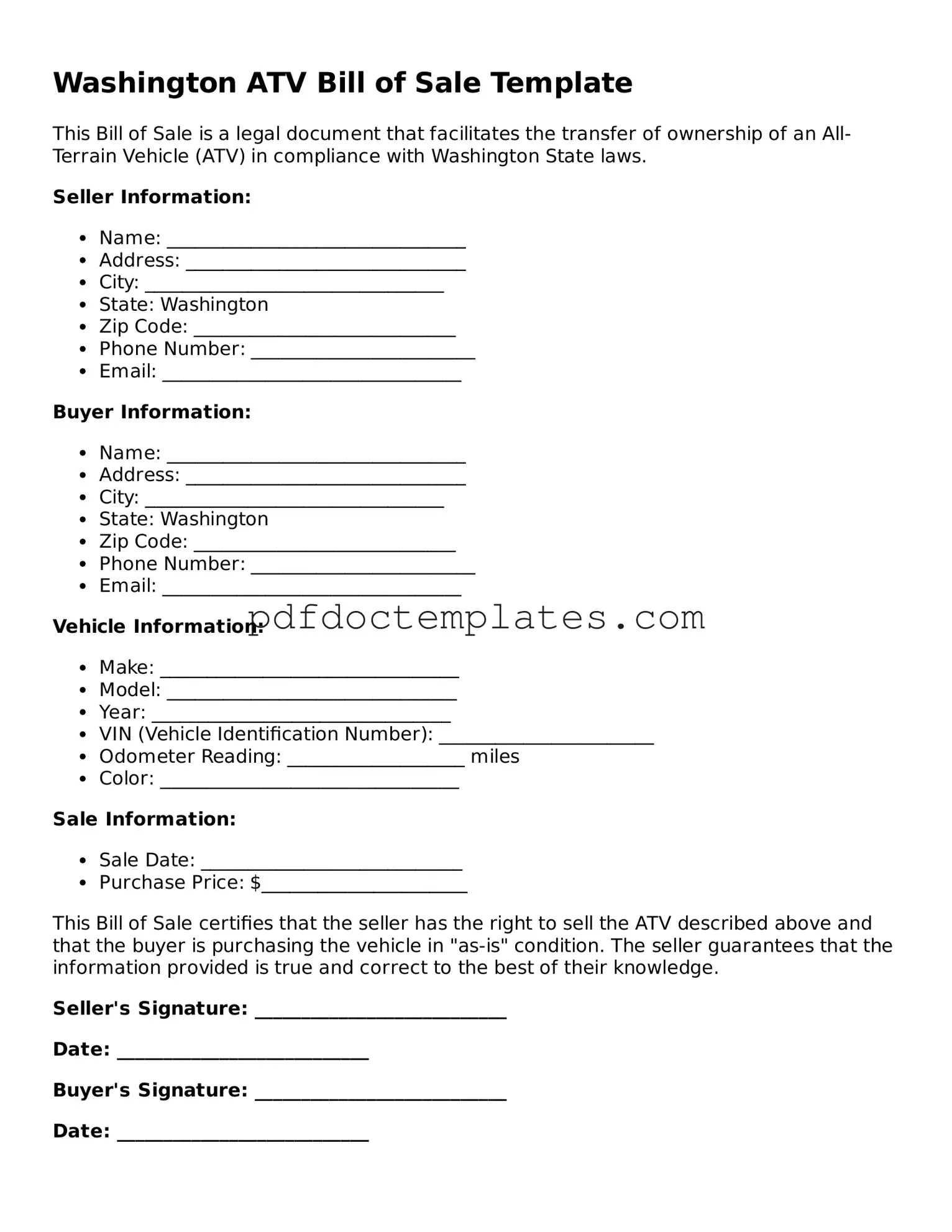 Blank  ATV Bill of Sale Document for Washington