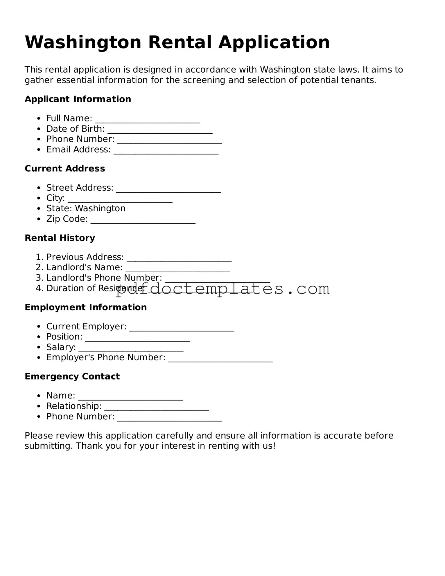 Blank  Rental Application Document for Washington