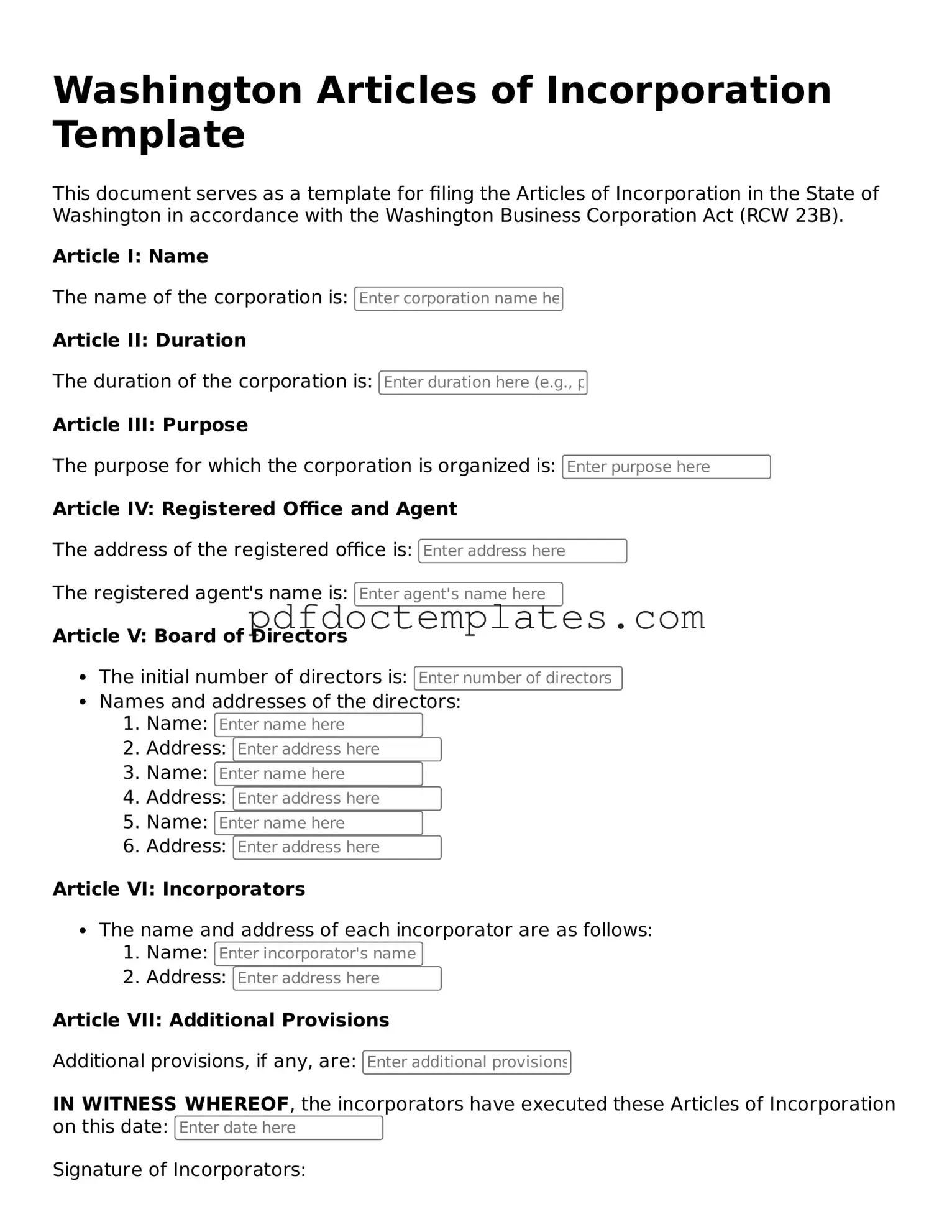 Blank Articles of Incorporation Document for Washington