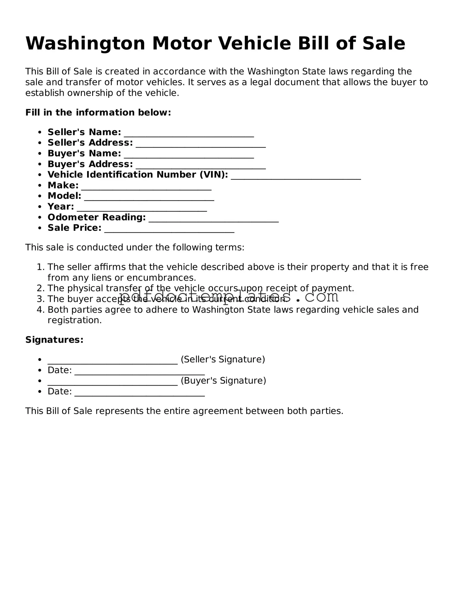 Blank  Motor Vehicle Bill of Sale Document for Washington