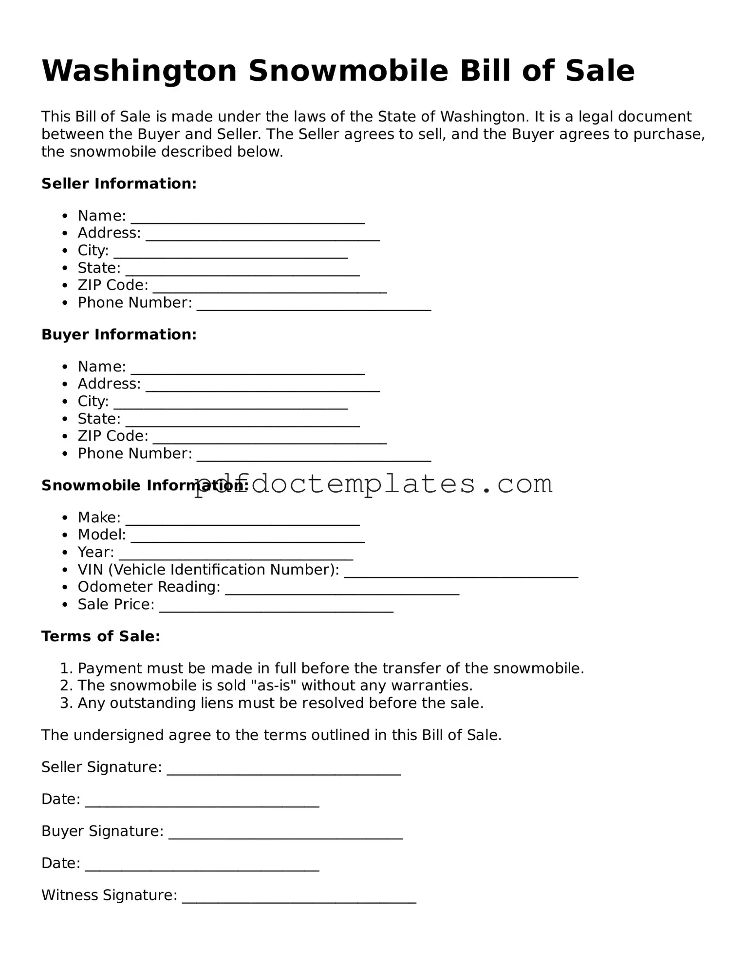 Blank  Snowmobile Bill of Sale Document for Washington