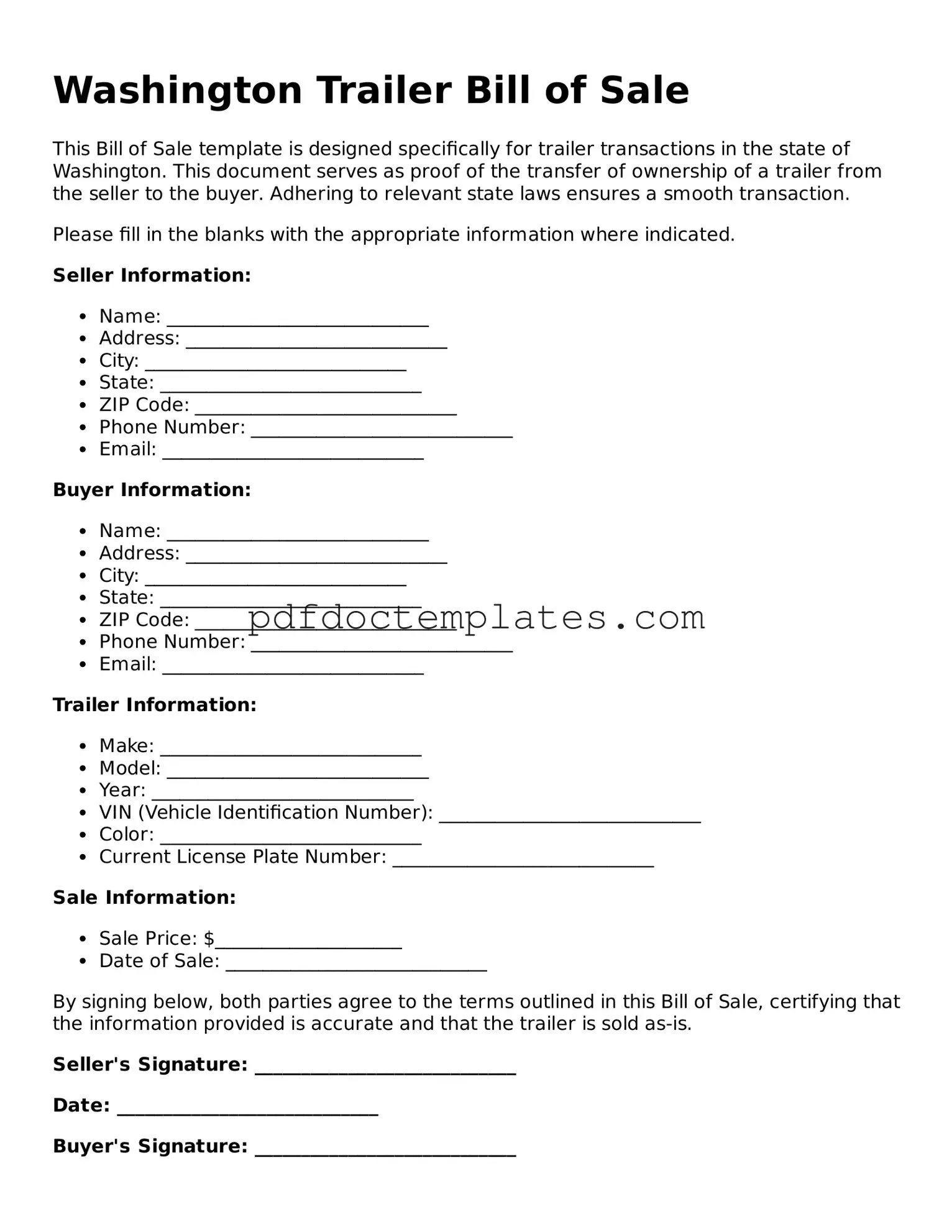 Blank  Trailer Bill of Sale Document for Washington