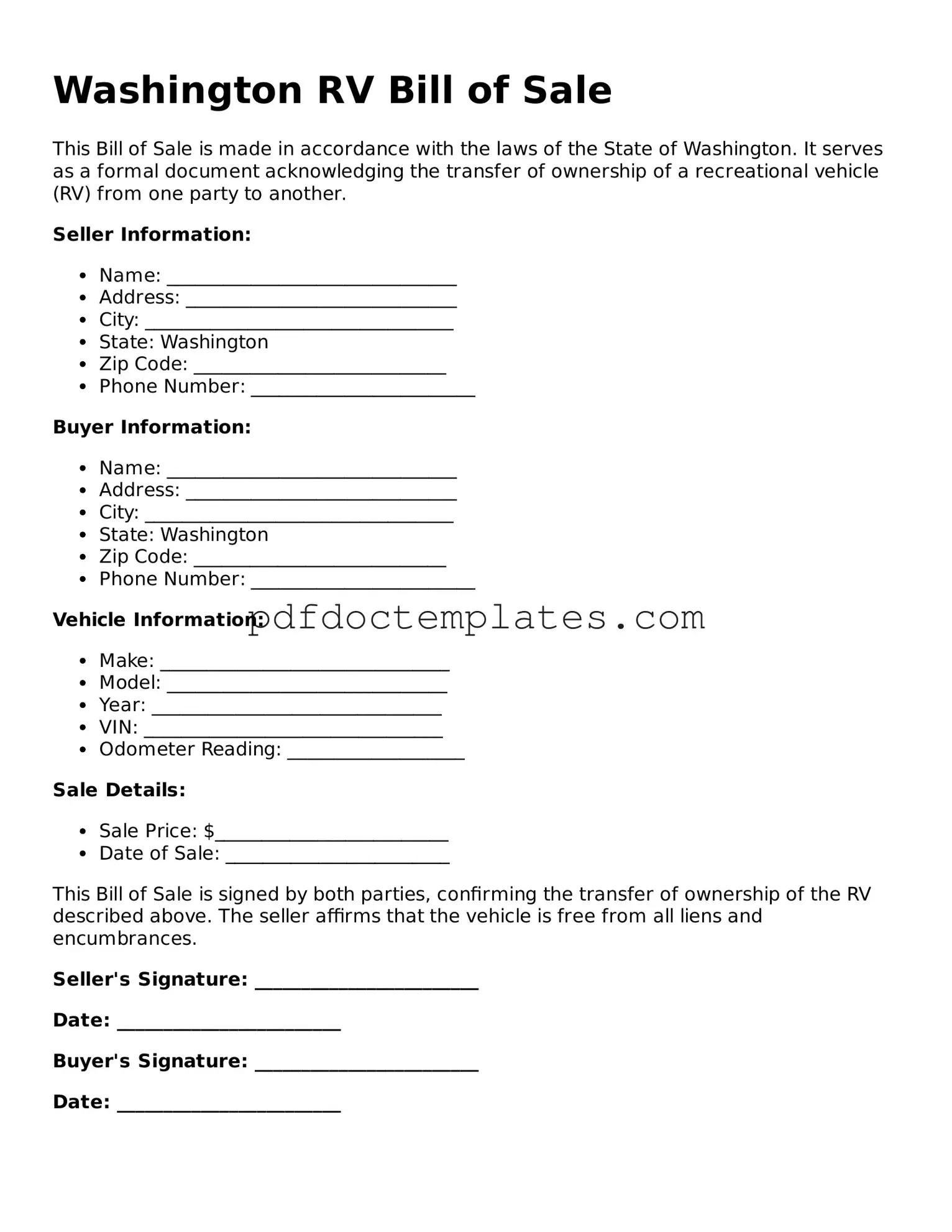 Blank  RV Bill of Sale Document for Washington