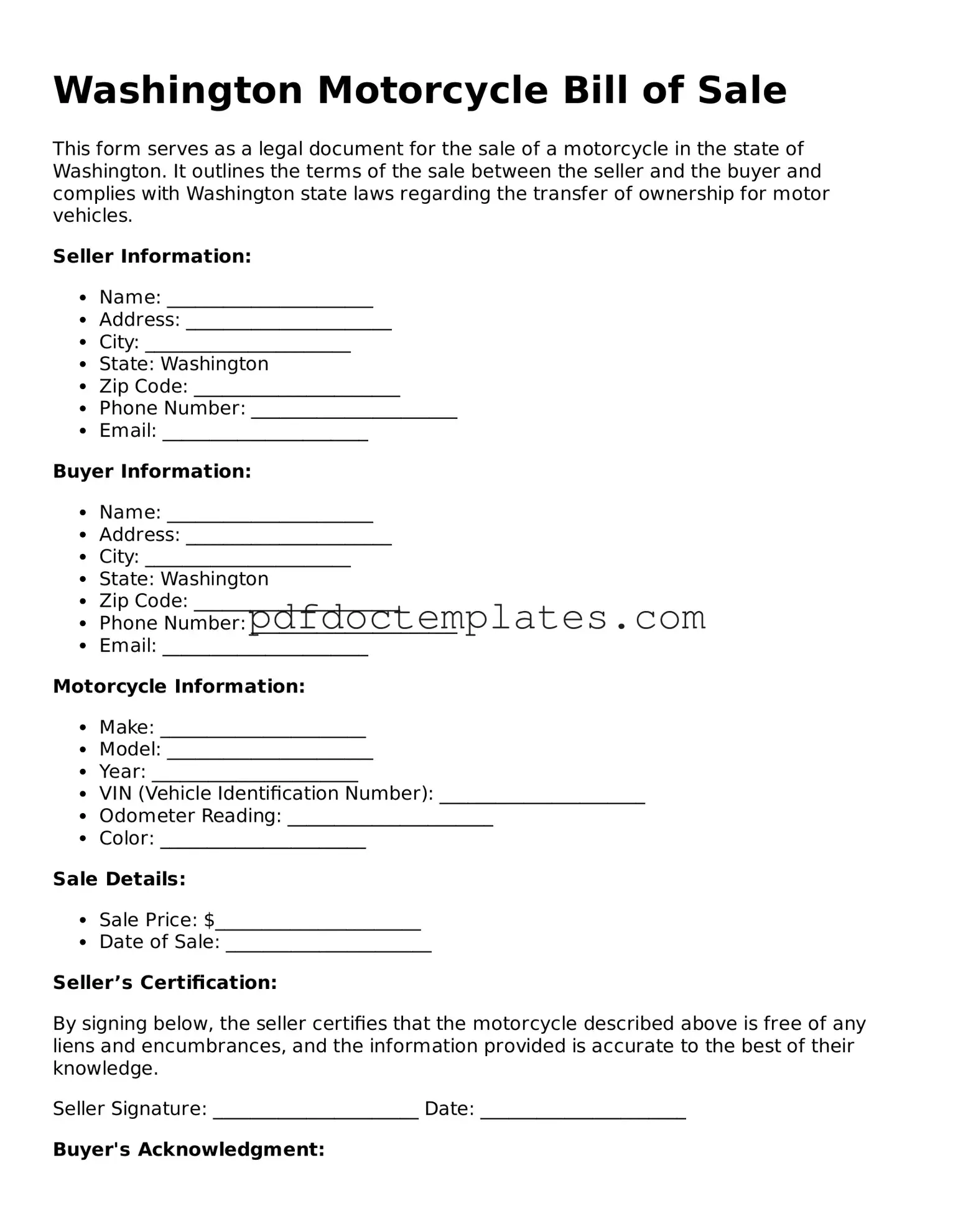 Blank  Motorcycle Bill of Sale Document for Washington