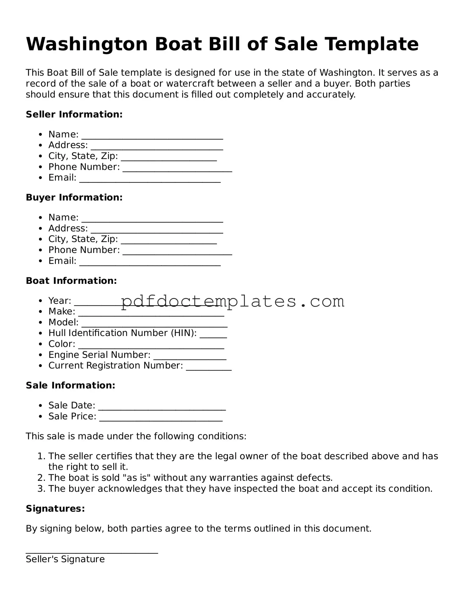Blank  Boat Bill of Sale Document for Washington