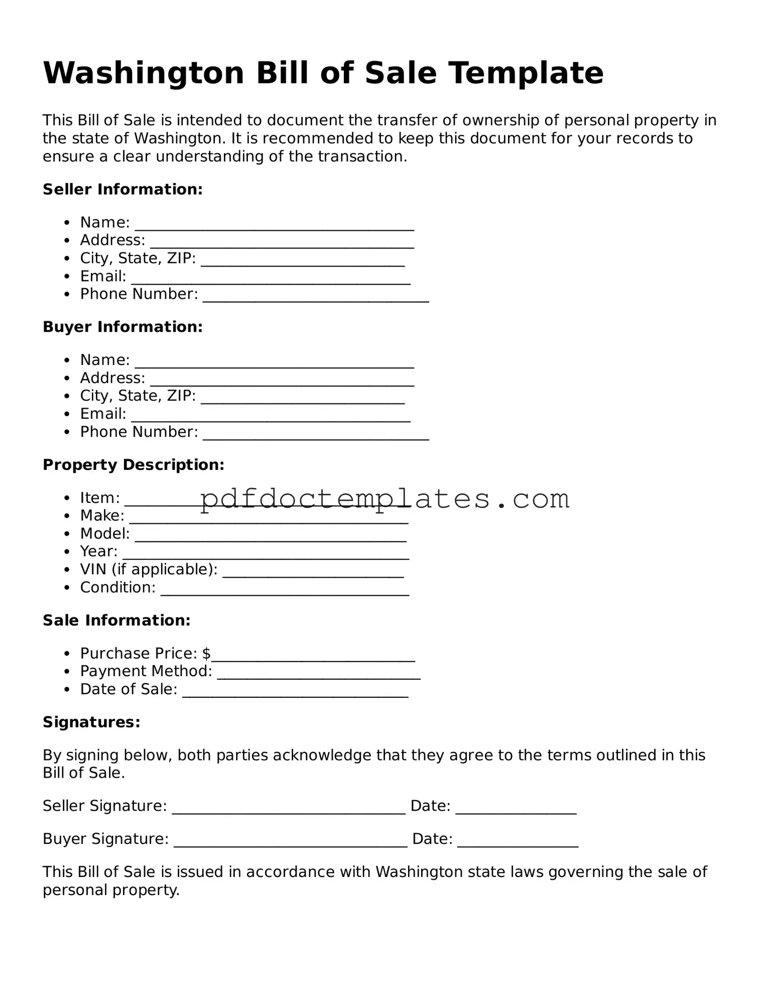Blank  Bill of Sale Document for Washington