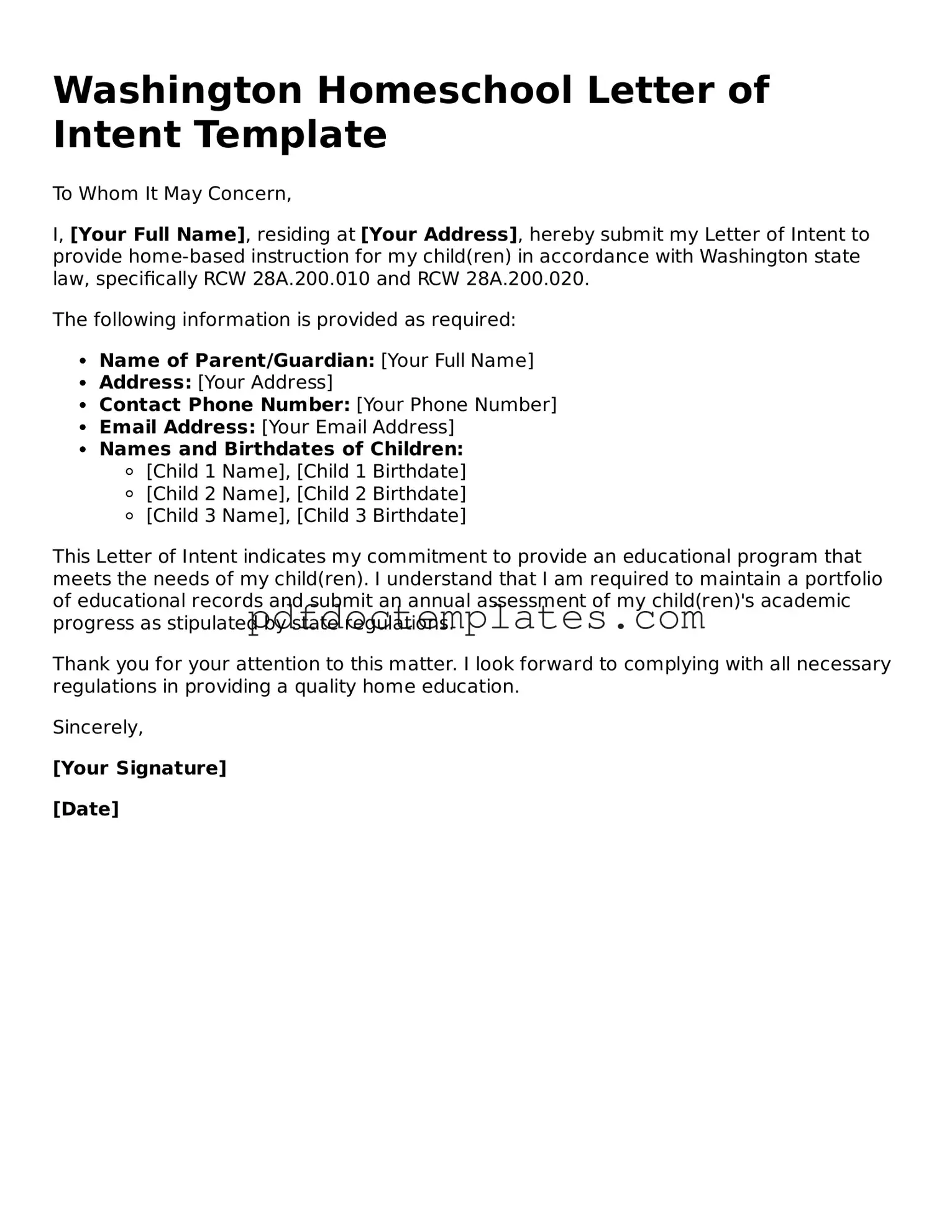 Blank  Homeschool Letter of Intent Document for Washington