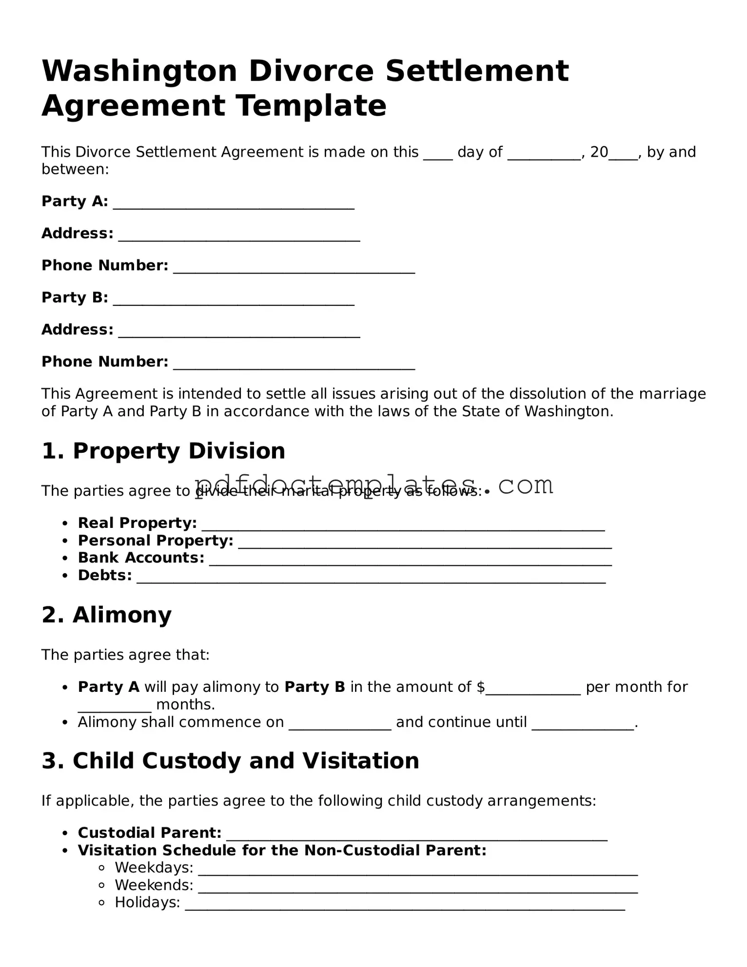 Blank  Divorce Settlement Agreement Document for Washington