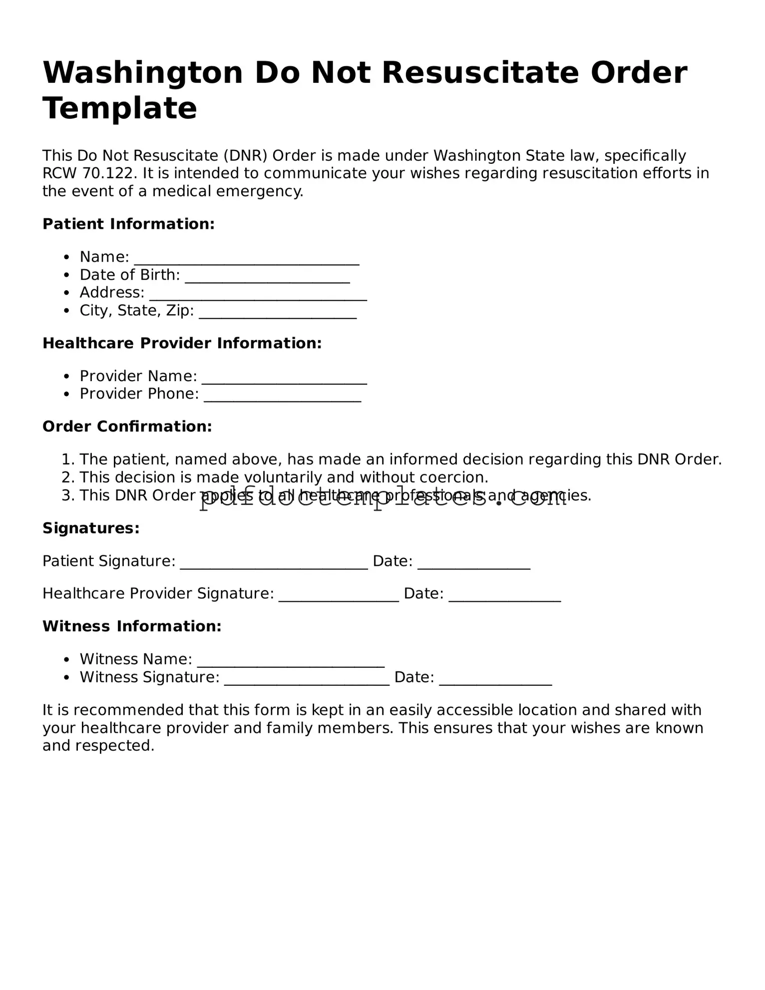 Blank Do Not Resuscitate Order Document for Washington