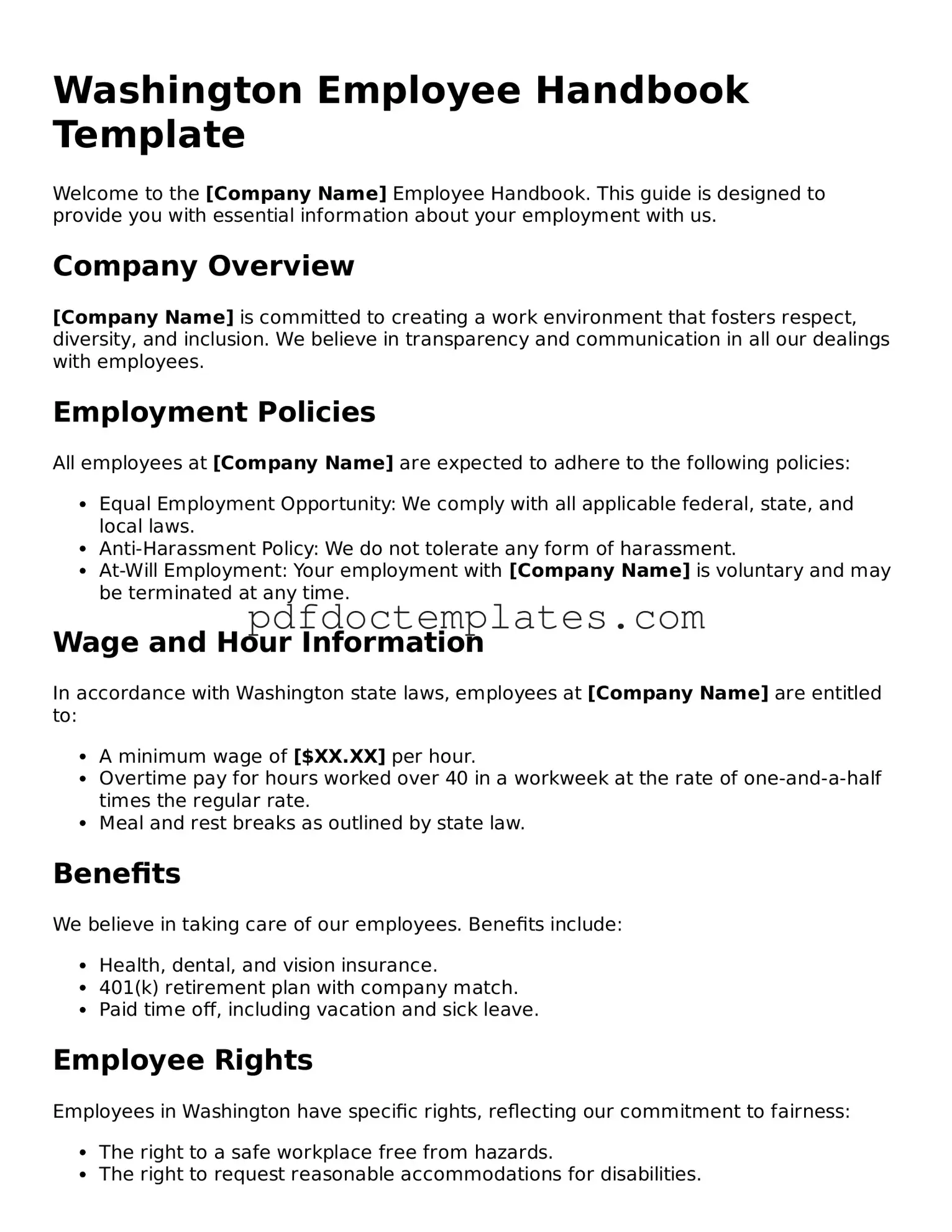 Blank  Employee Handbook Document for Washington