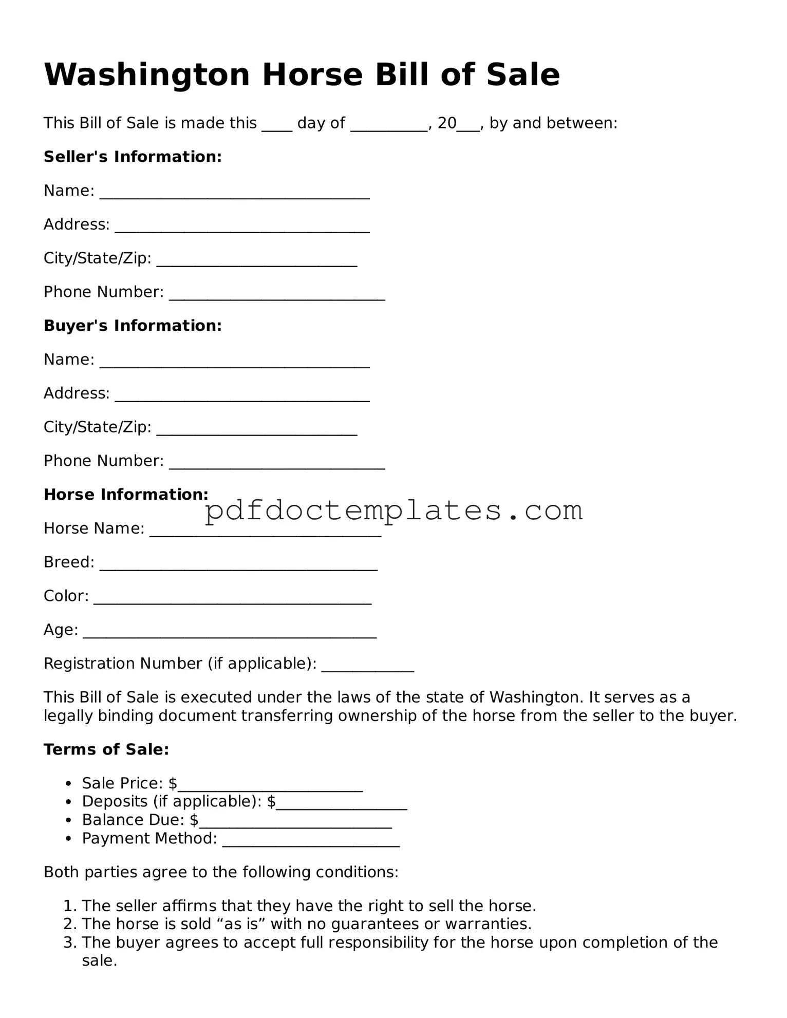 Blank  Horse Bill of Sale Document for Washington