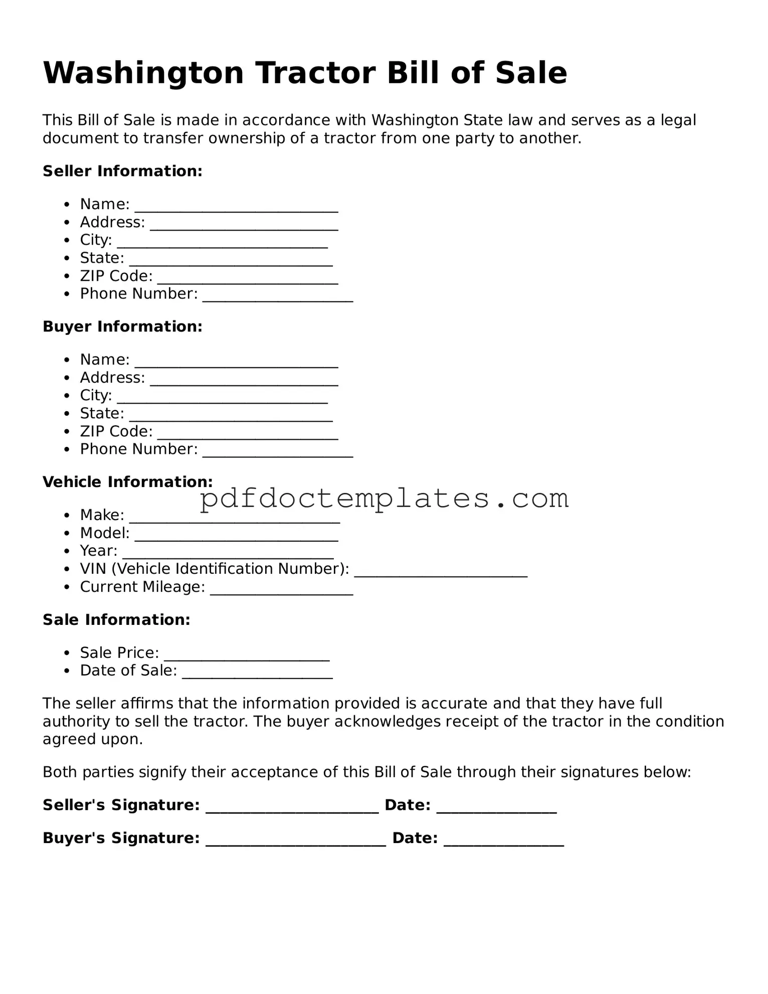 Blank  Tractor Bill of Sale Document for Washington