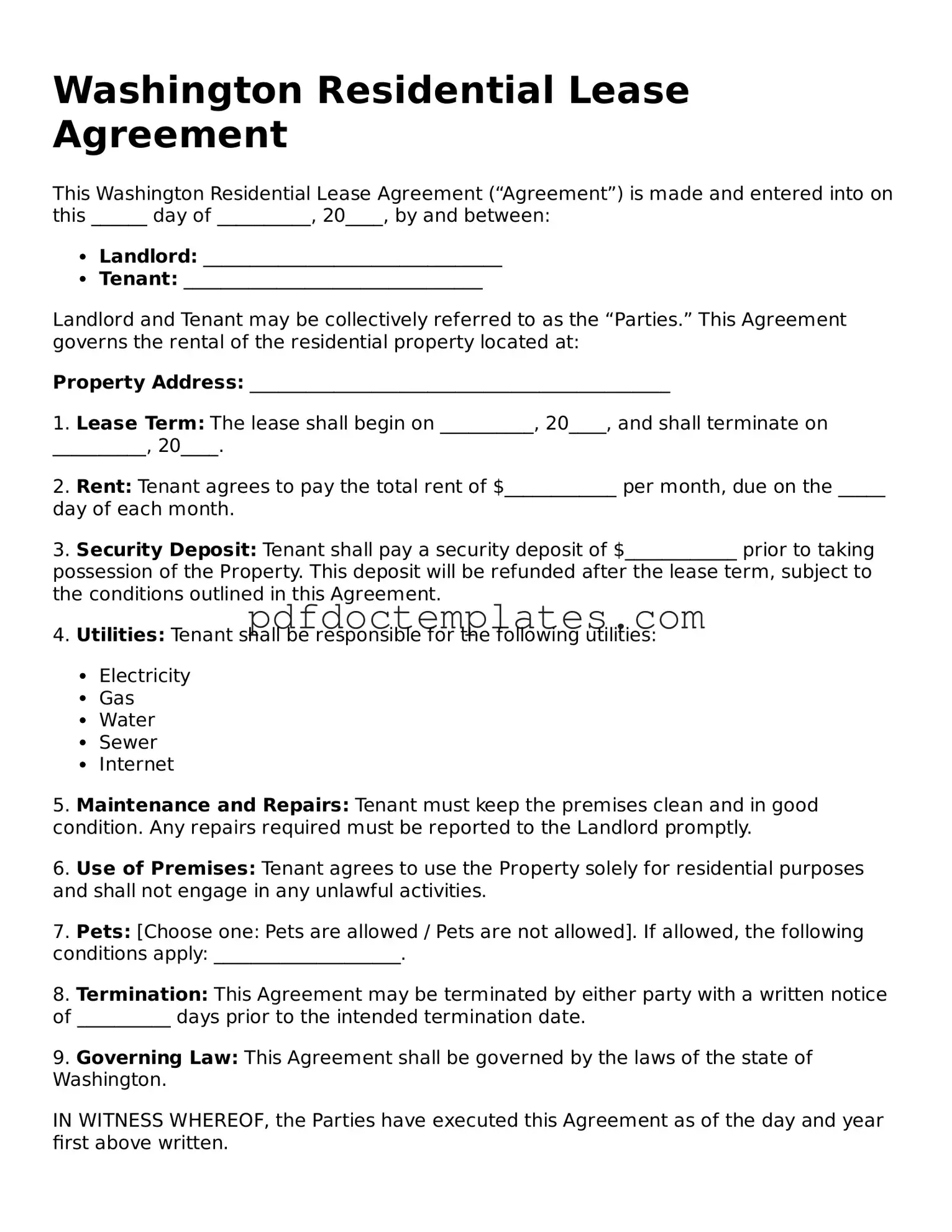 Blank  Residential Lease Agreement Document for Washington