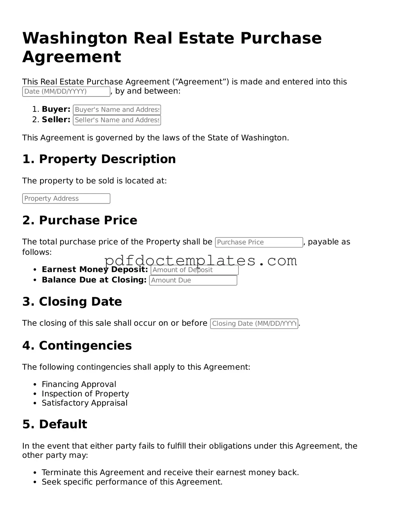 Blank Real Estate Purchase Agreement Document for Washington
