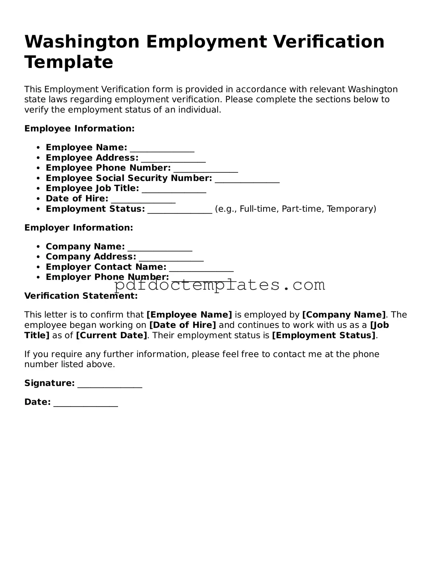 Blank  Employment Verification Document for Washington