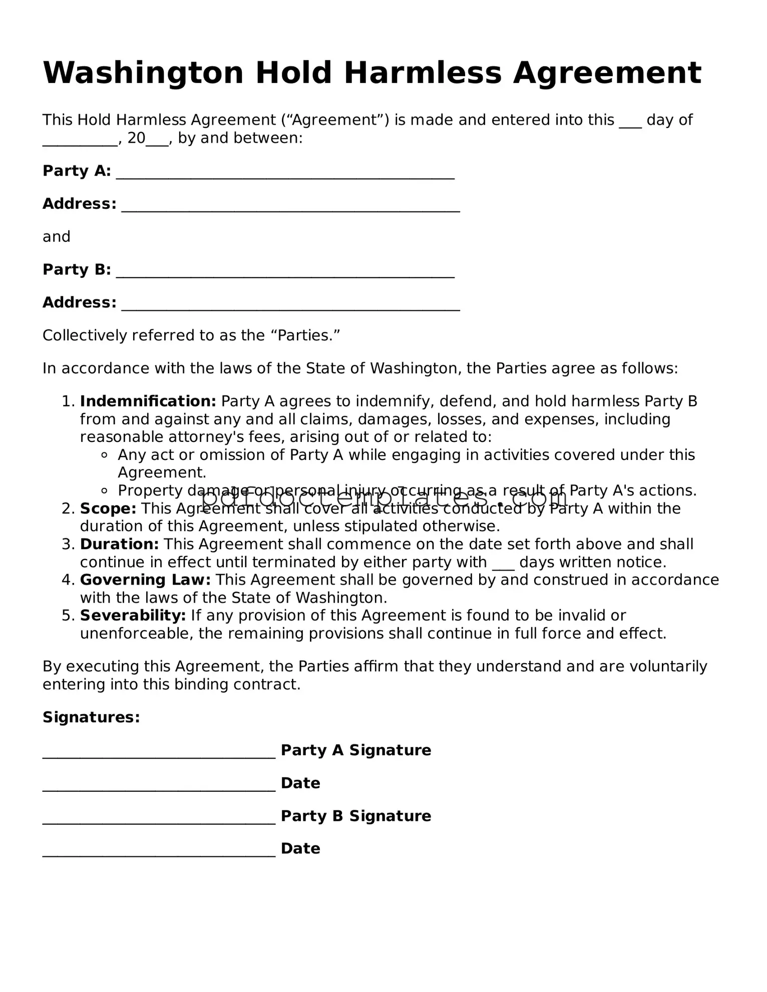 Blank  Hold Harmless Agreement Document for Washington