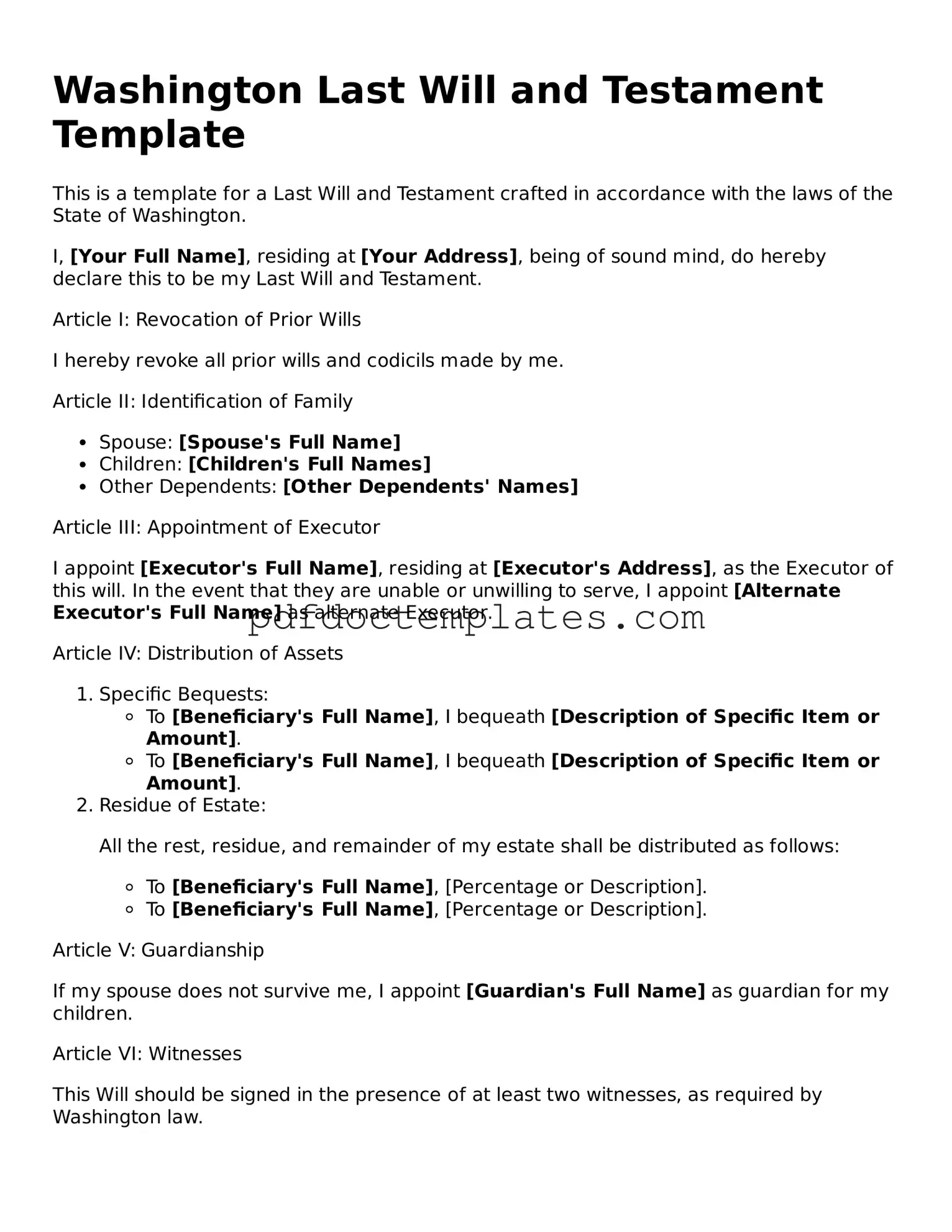 Blank  Last Will and Testament Document for Washington