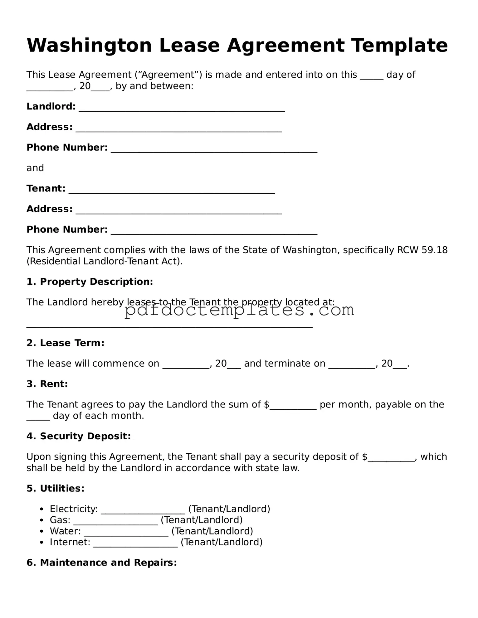 Blank  Lease Agreement Document for Washington