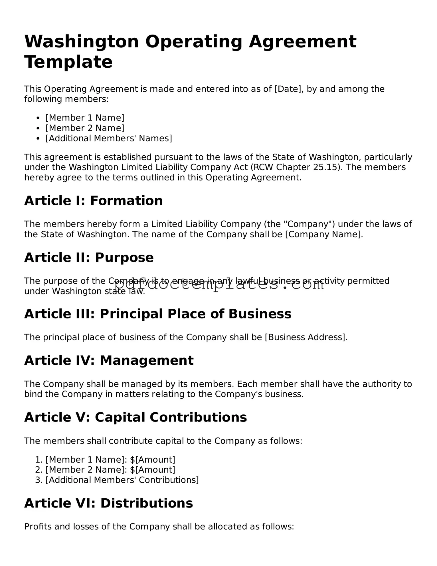 Blank  Operating Agreement Document for Washington