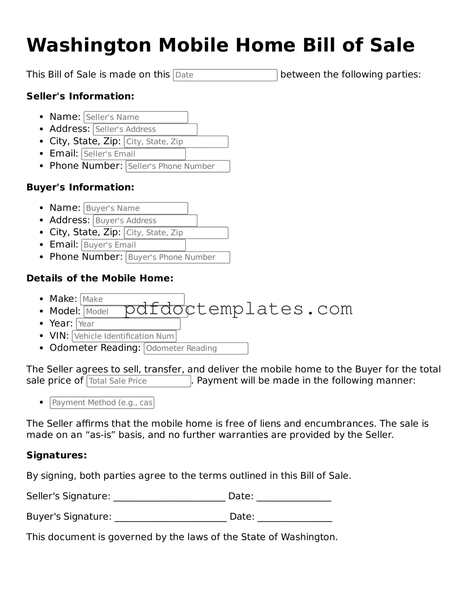 Blank Mobile Home Bill of Sale Document for Washington