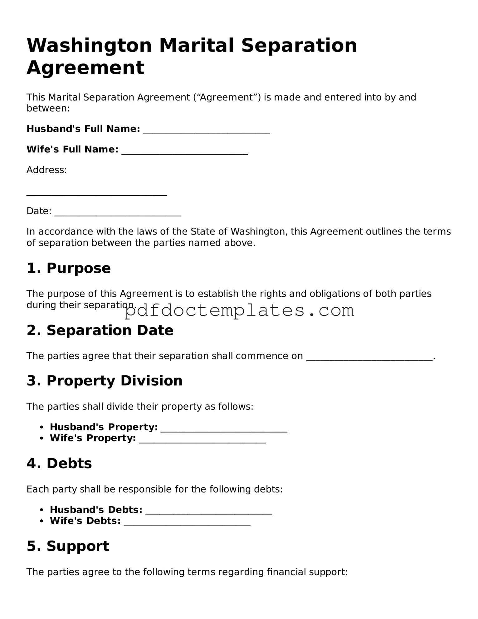 Blank  Marital Separation Agreement Document for Washington