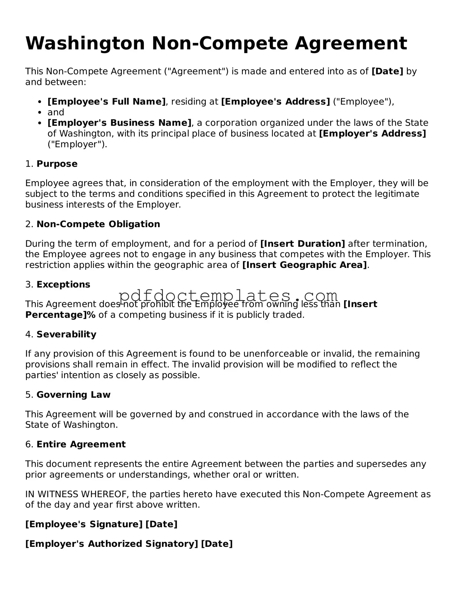 Blank  Non-compete Agreement Document for Washington