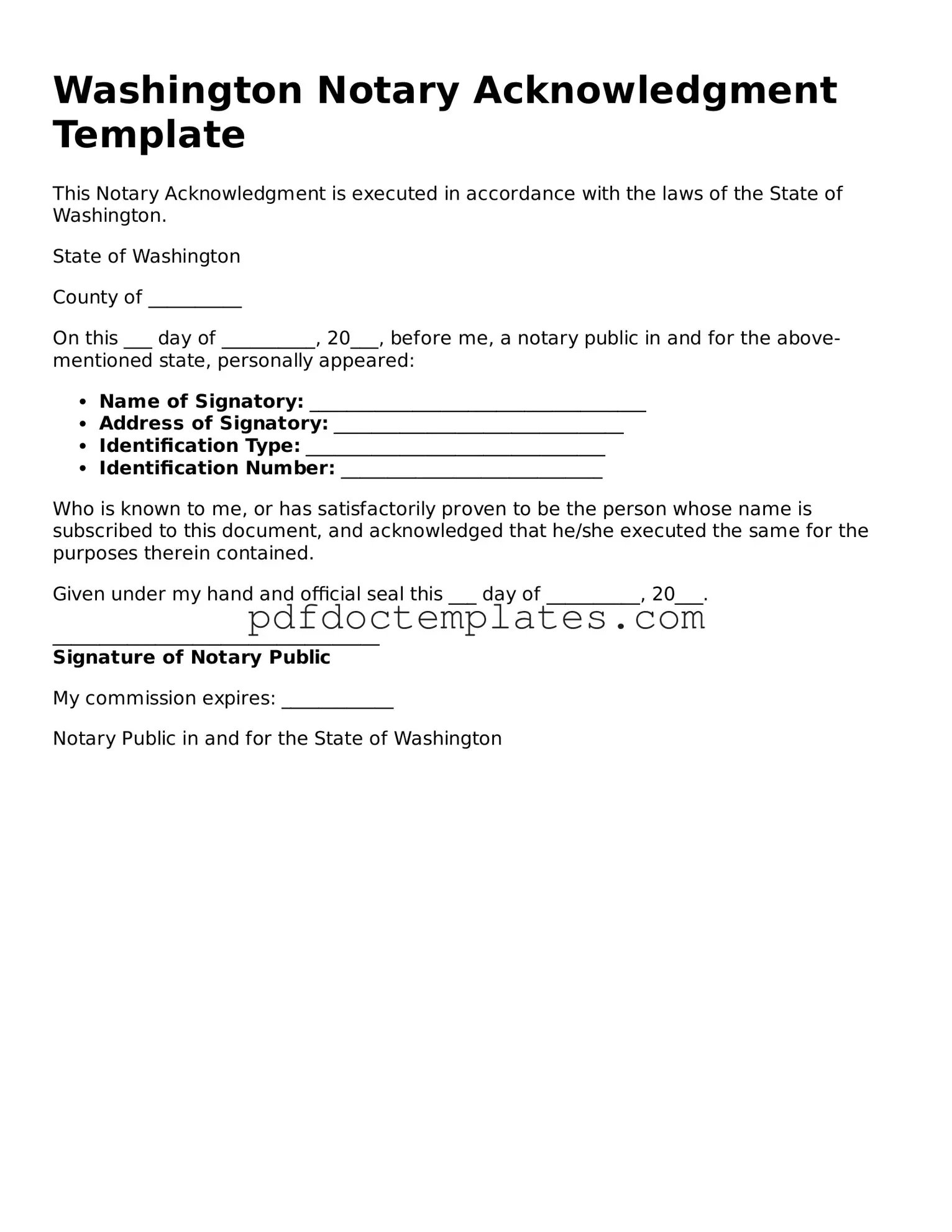 Blank Notary Acknowledgement Document for Washington