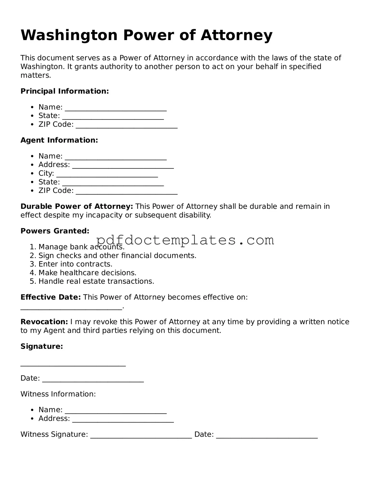 Blank  Power of Attorney Document for Washington