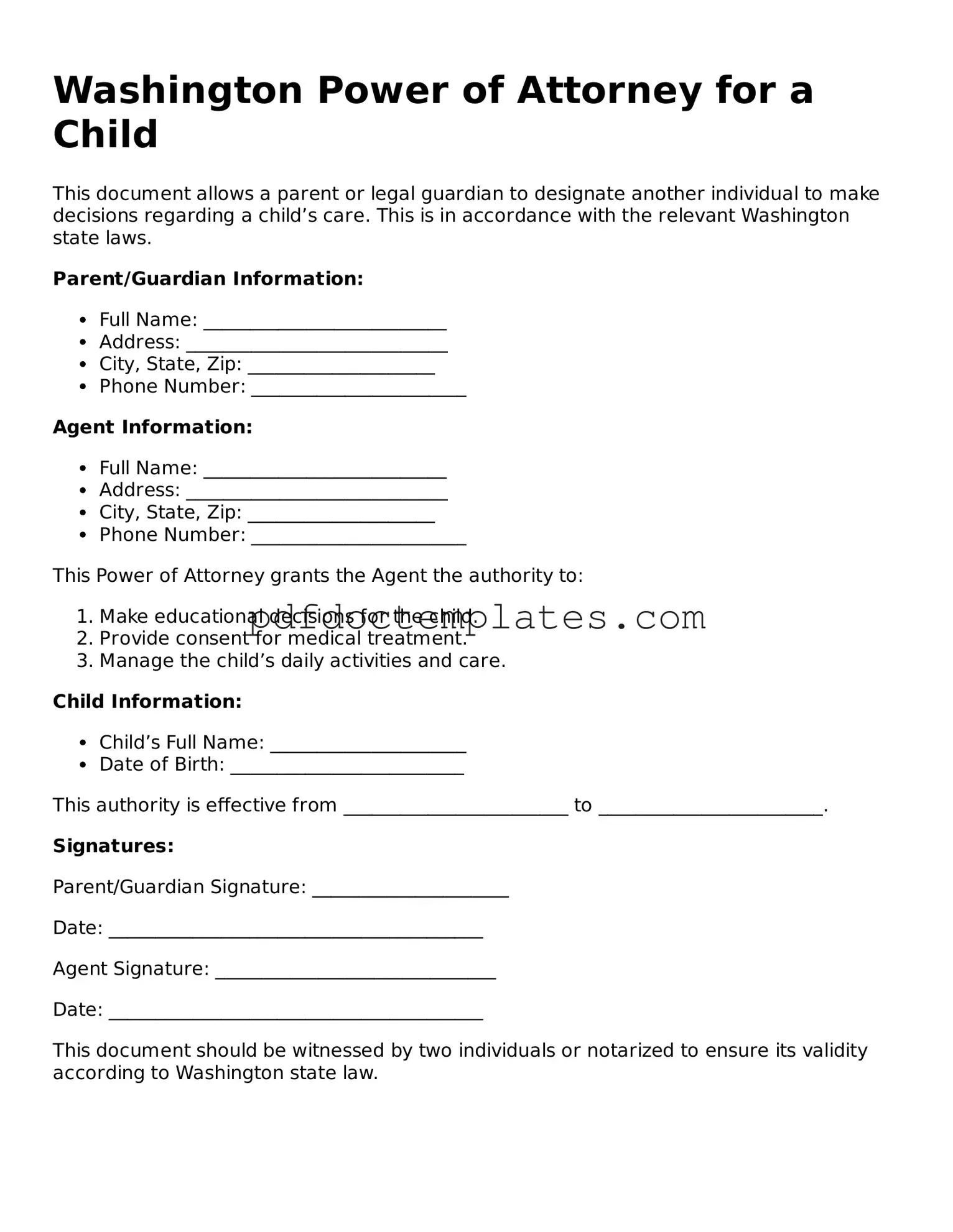 Blank Power of Attorney for a Child Document for Washington