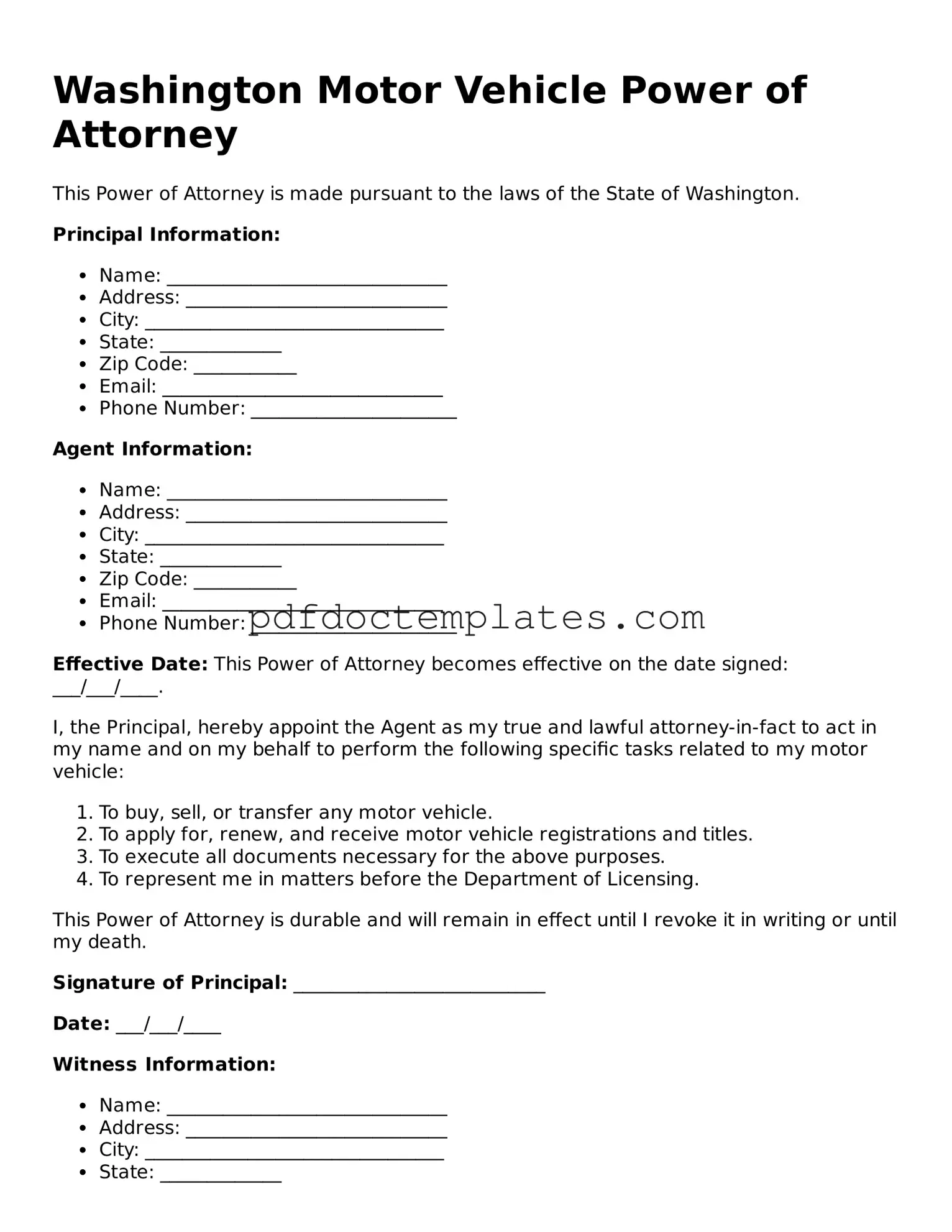 Blank  Motor Vehicle Power of Attorney Document for Washington