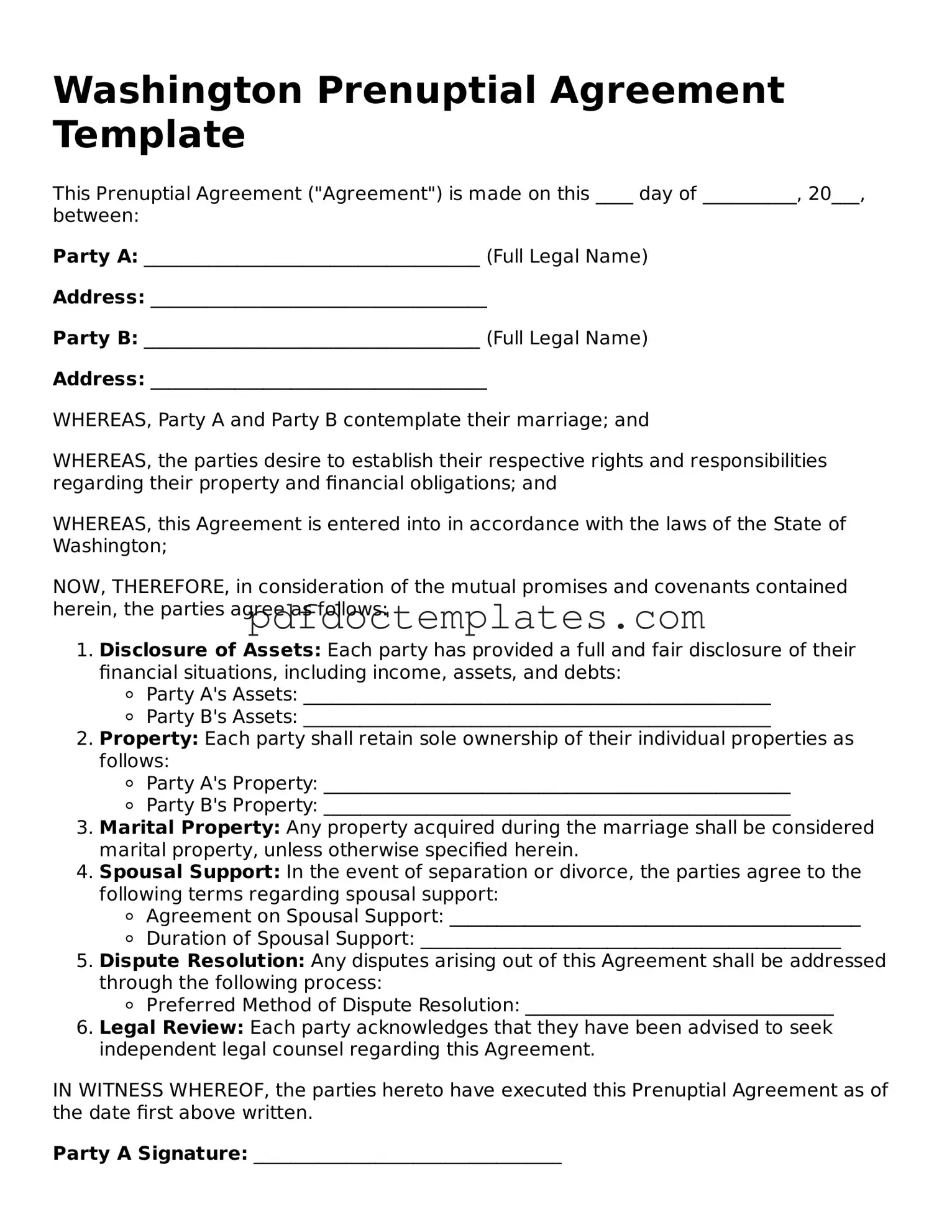 Blank  Prenuptial Agreement Document for Washington