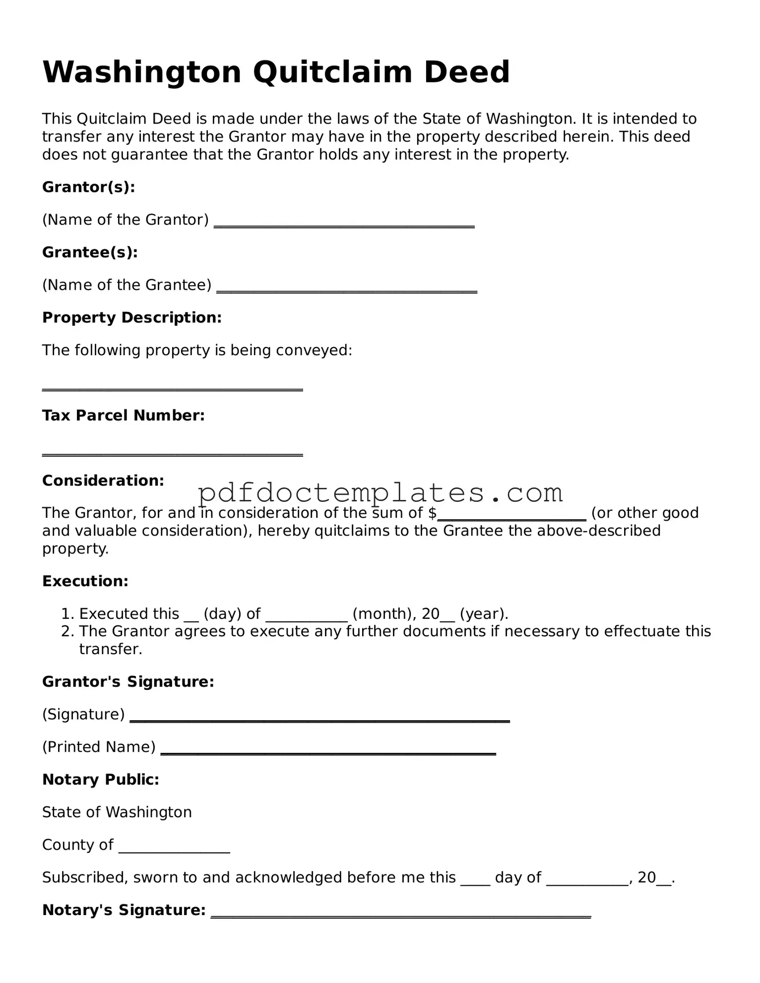 Blank  Quitclaim Deed Document for Washington