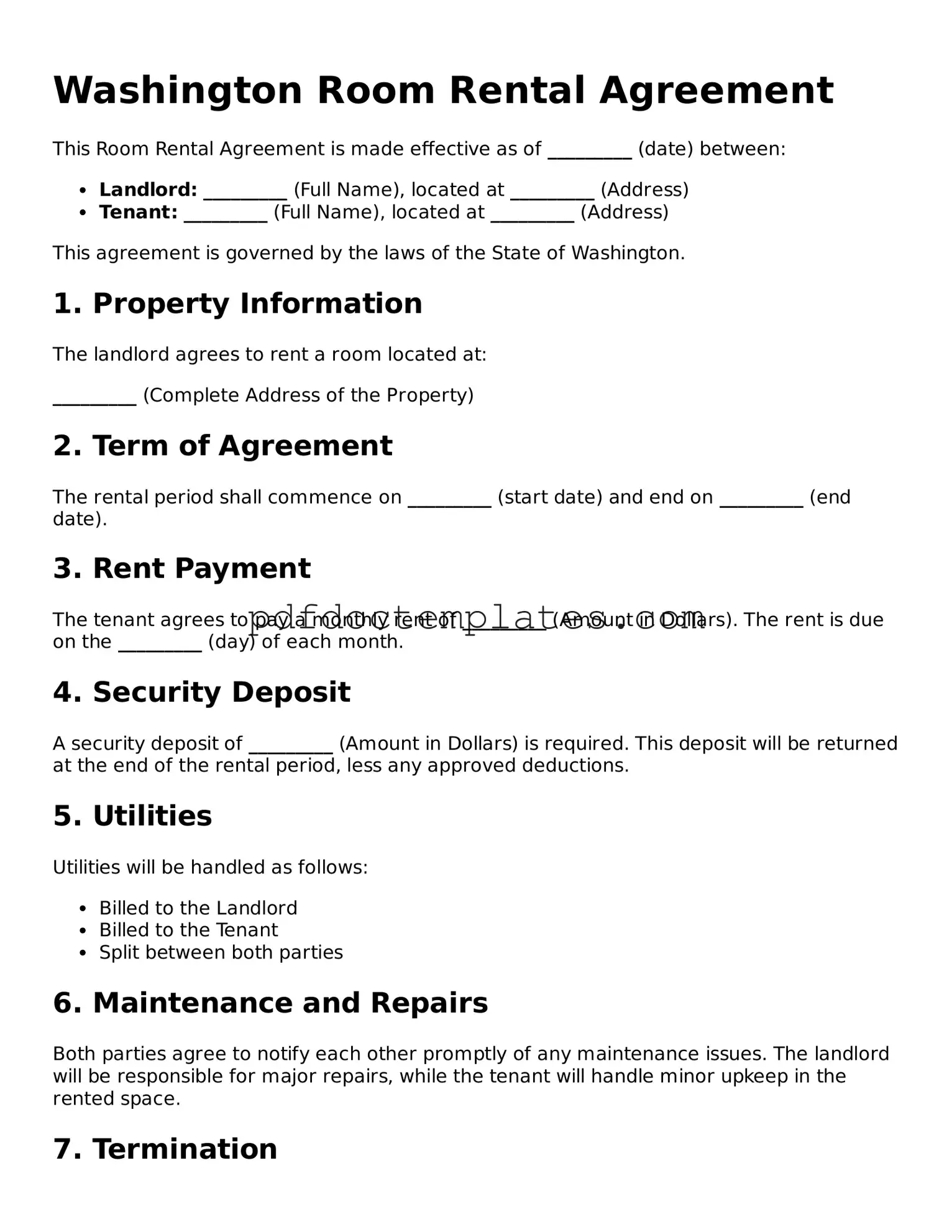 Blank  Room Rental Agreement Document for Washington
